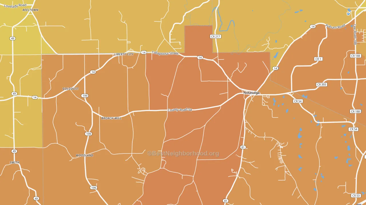 Map of the best neighborhoods in the 36866 area, with better matches in green and worse matches in red
