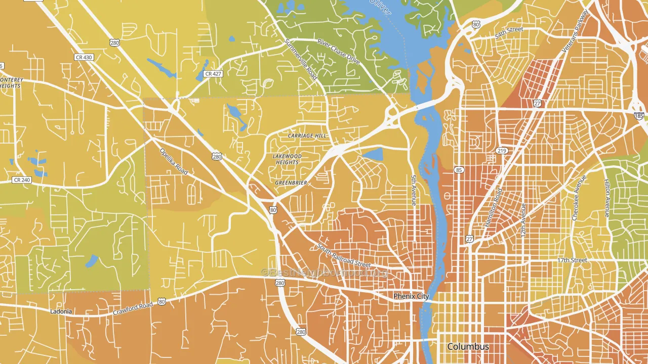 Map of the best neighborhoods in the 36867 area, with better matches in green and worse matches in red