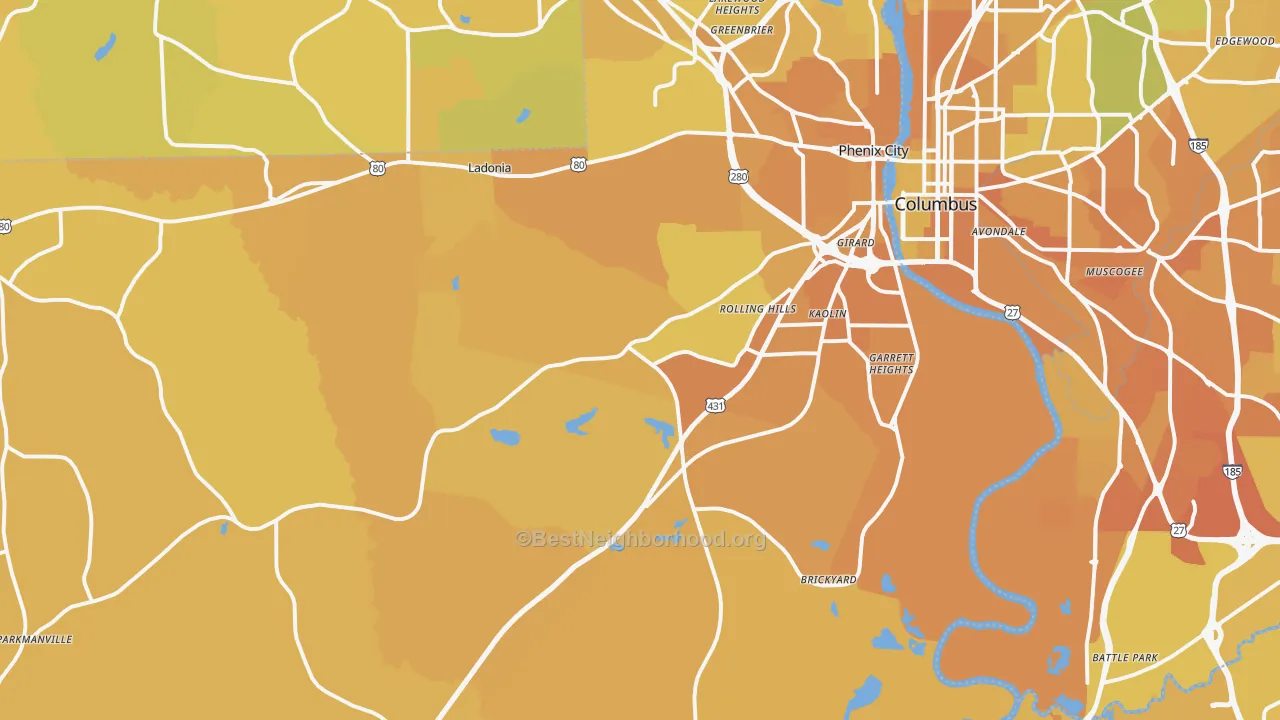 Map of the best neighborhoods in the 36869 area, with better matches in green and worse matches in red