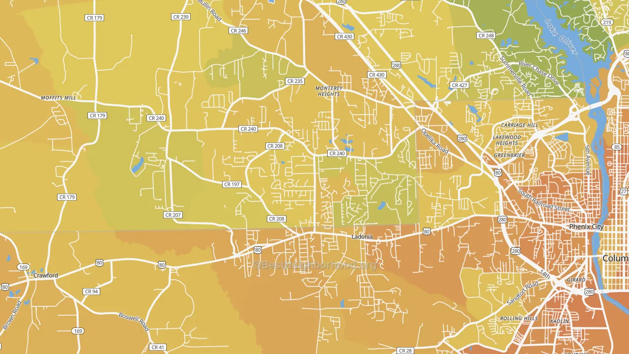 Map of the best neighborhoods in the 36870 area, with better matches in green and worse matches in red
