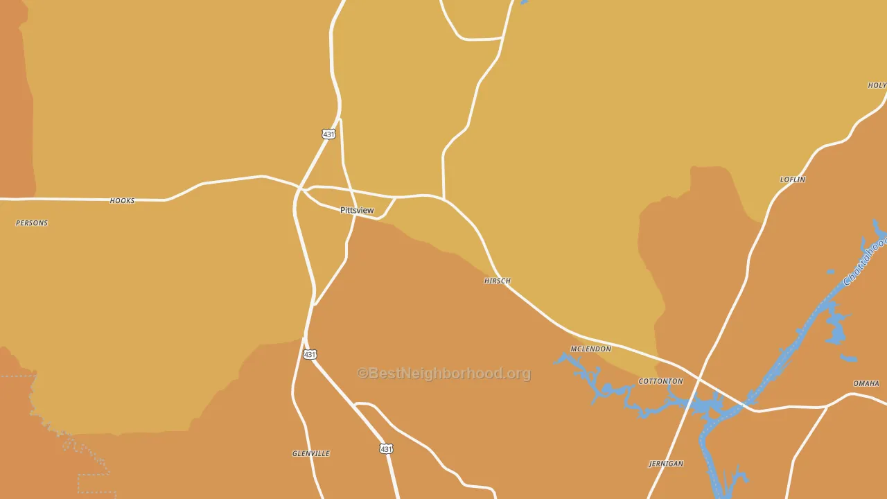 Map of the best neighborhoods in the 36871 area, with better matches in green and worse matches in red
