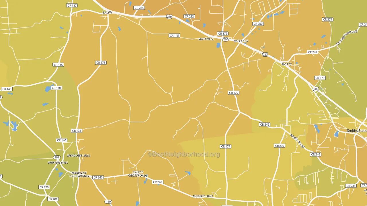 Map of the best neighborhoods in the 36874 area, with better matches in green and worse matches in red