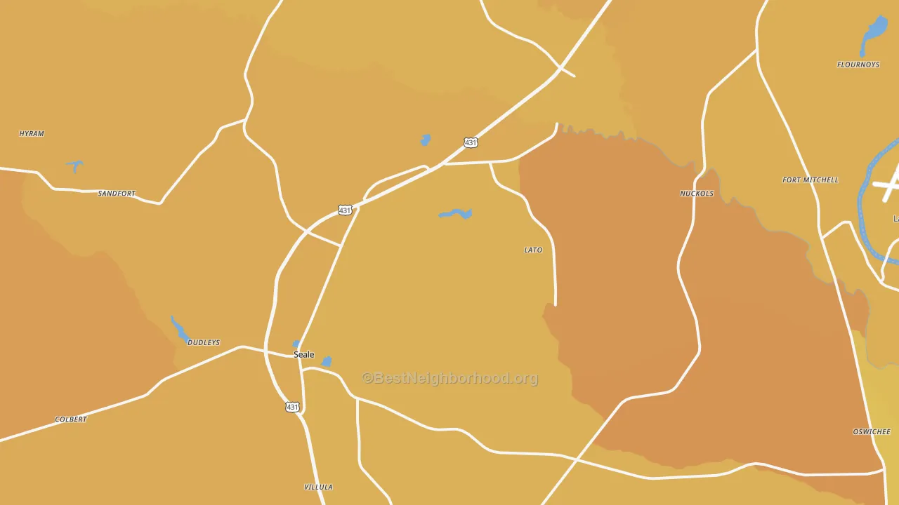 Map of the best neighborhoods in the 36875 area, with better matches in green and worse matches in red