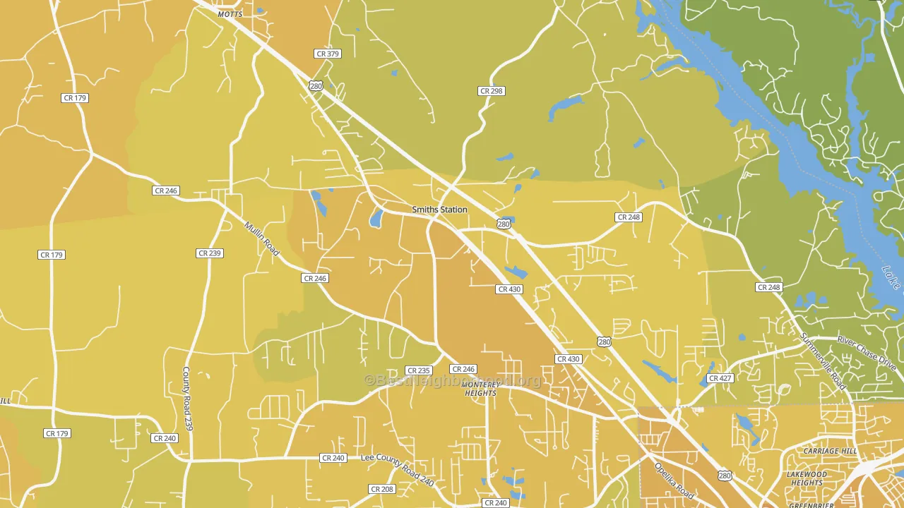 Map of the best neighborhoods in the 36877 area, with better matches in green and worse matches in red