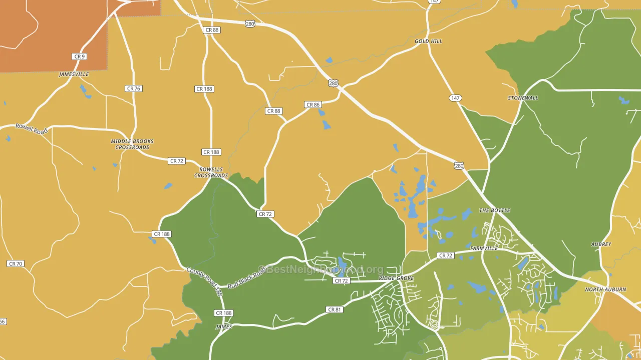 Map of the best neighborhoods in the 36879 area, with better matches in green and worse matches in red