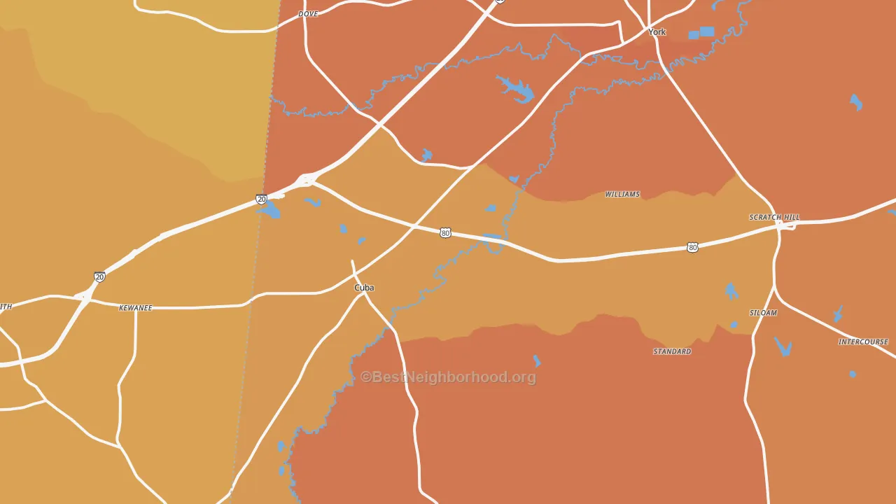 Map of the best neighborhoods in the 36907 area, with better matches in green and worse matches in red