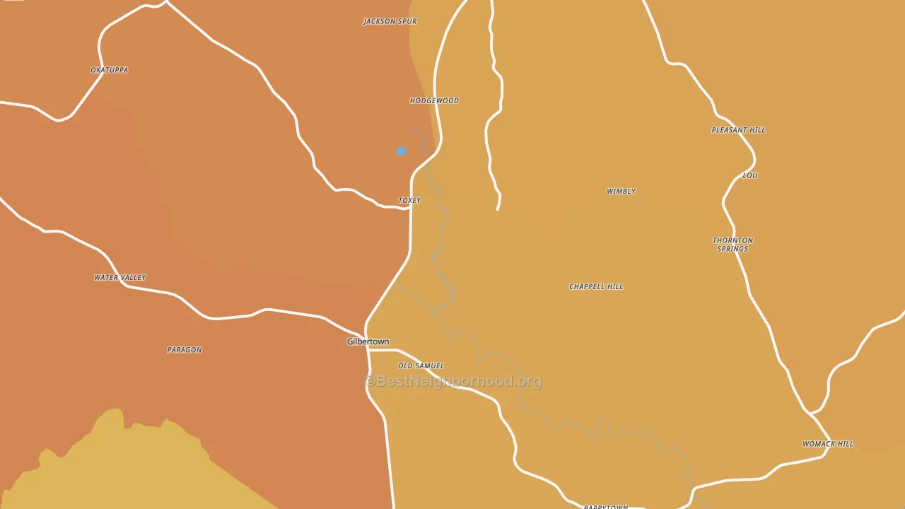 Map of the best neighborhoods in the 36908 area, with better matches in green and worse matches in red