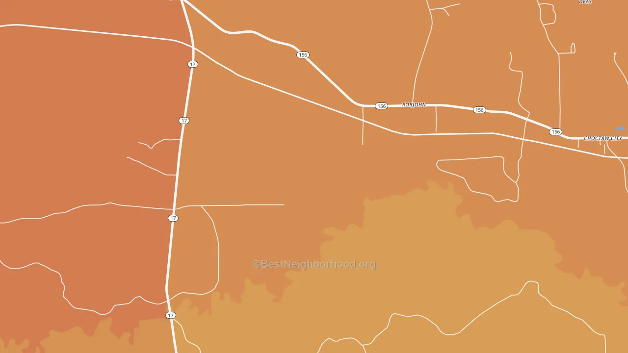 Map of the best neighborhoods in the 36910 area, with better matches in green and worse matches in red