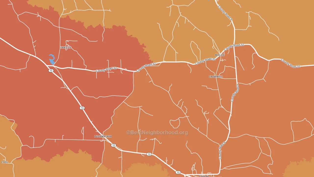 Map of the best neighborhoods in the 36912 area, with better matches in green and worse matches in red