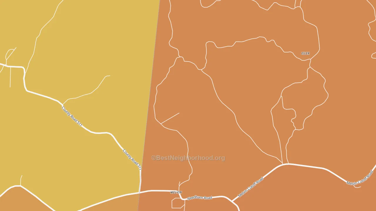 Map of the best neighborhoods in the 36913 area, with better matches in green and worse matches in red