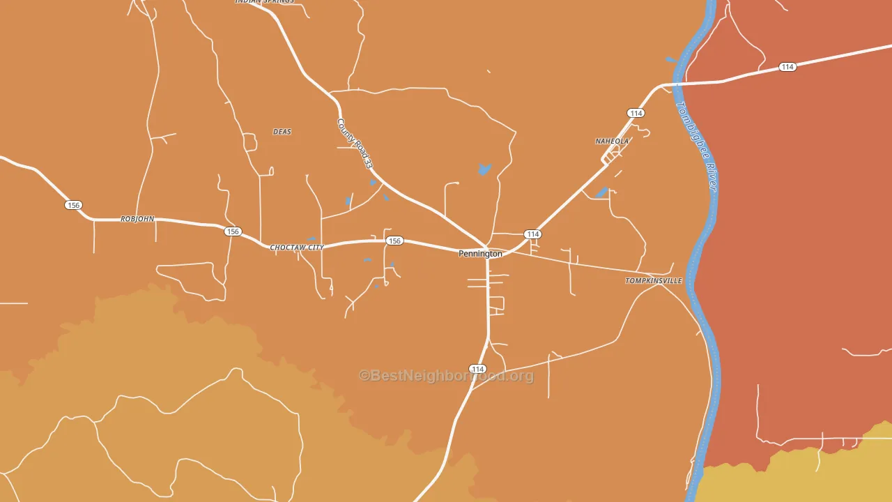 Map of the best neighborhoods in the 36916 area, with better matches in green and worse matches in red