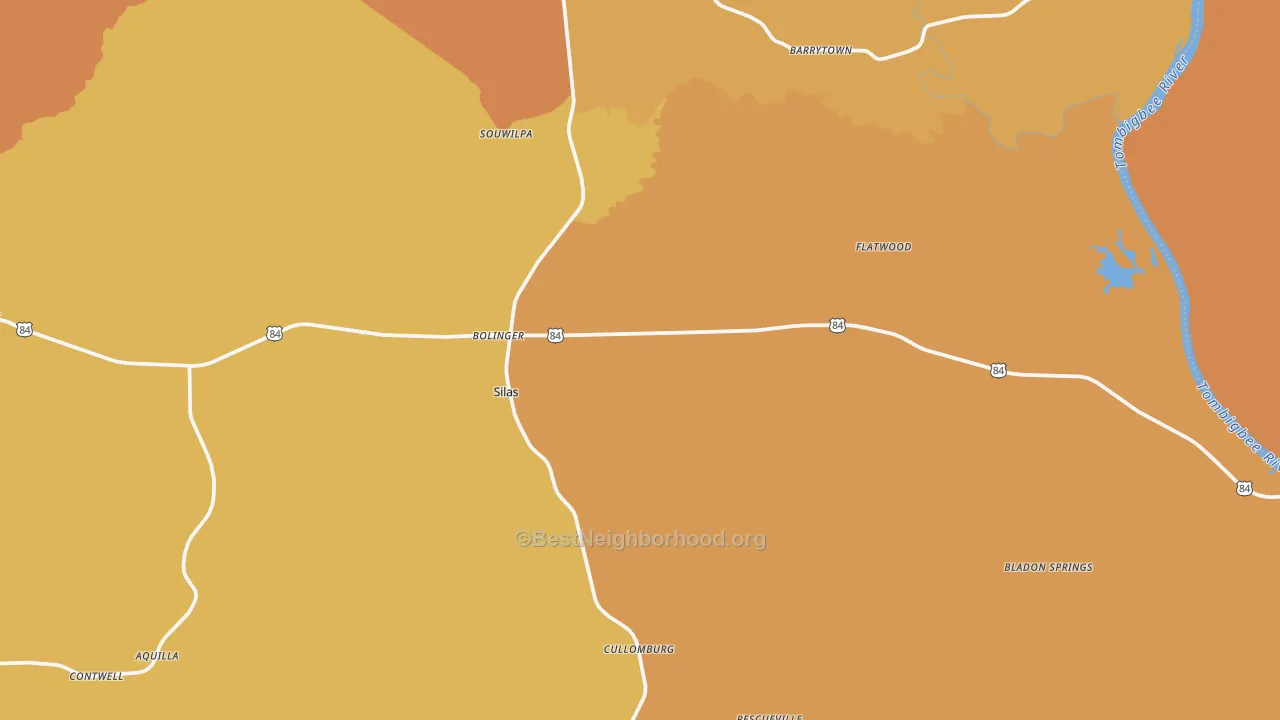 Map of the best neighborhoods in the 36919 area, with better matches in green and worse matches in red