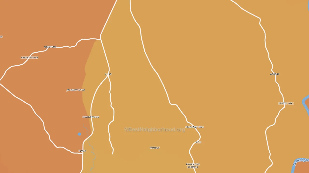 Map of the best neighborhoods in the 36921 area, with better matches in green and worse matches in red