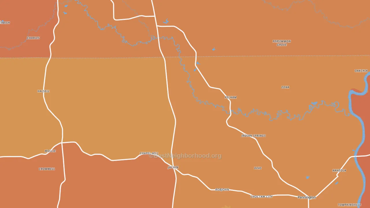 Map of the best neighborhoods in the 36922 area, with better matches in green and worse matches in red