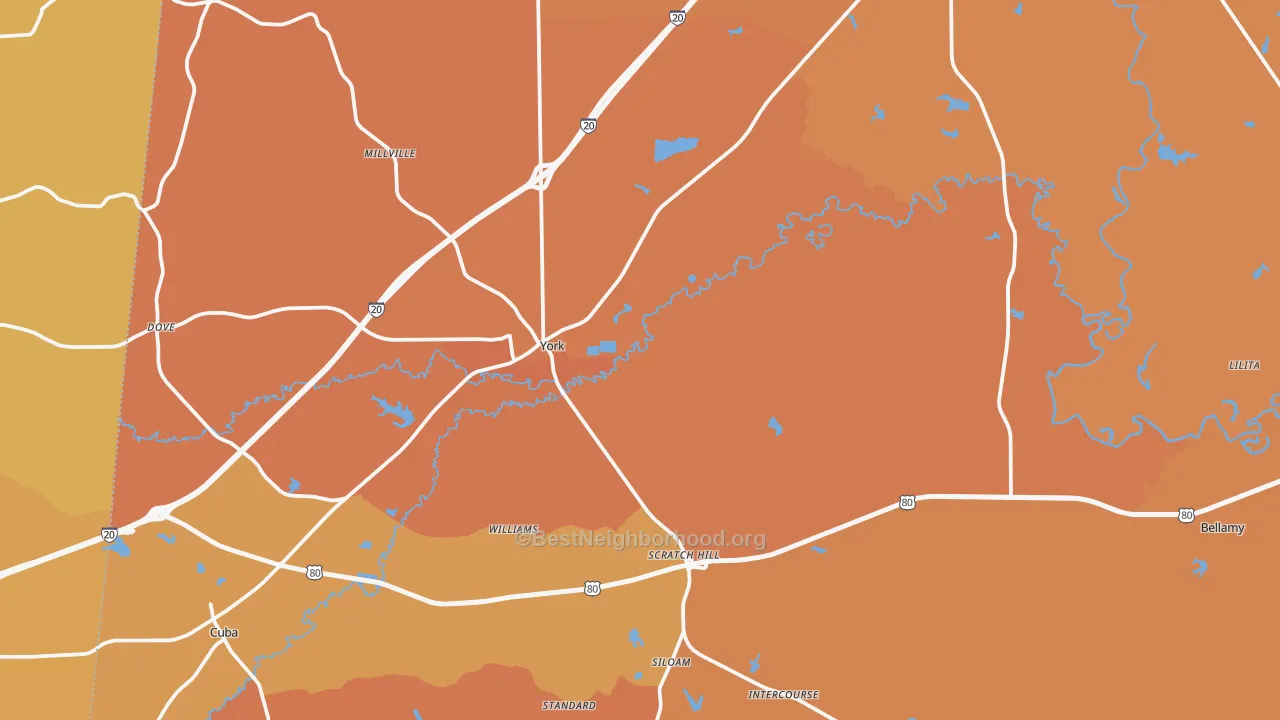 Map of the best neighborhoods in the 36925 area, with better matches in green and worse matches in red