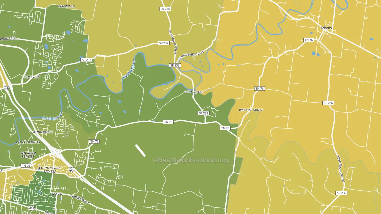 Map of the best neighborhoods in the 37010 area, with better matches in green and worse matches in red