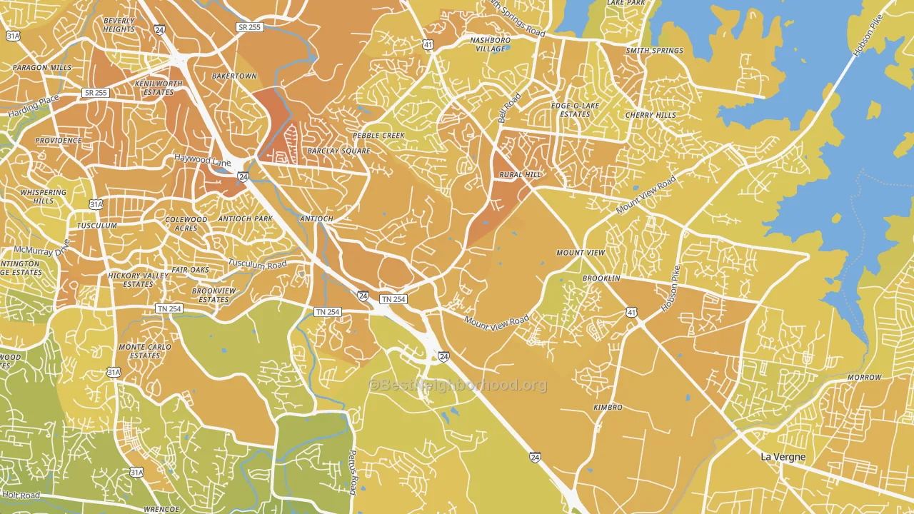 Map of the best neighborhoods in the 37013 area, with better matches in green and worse matches in red
