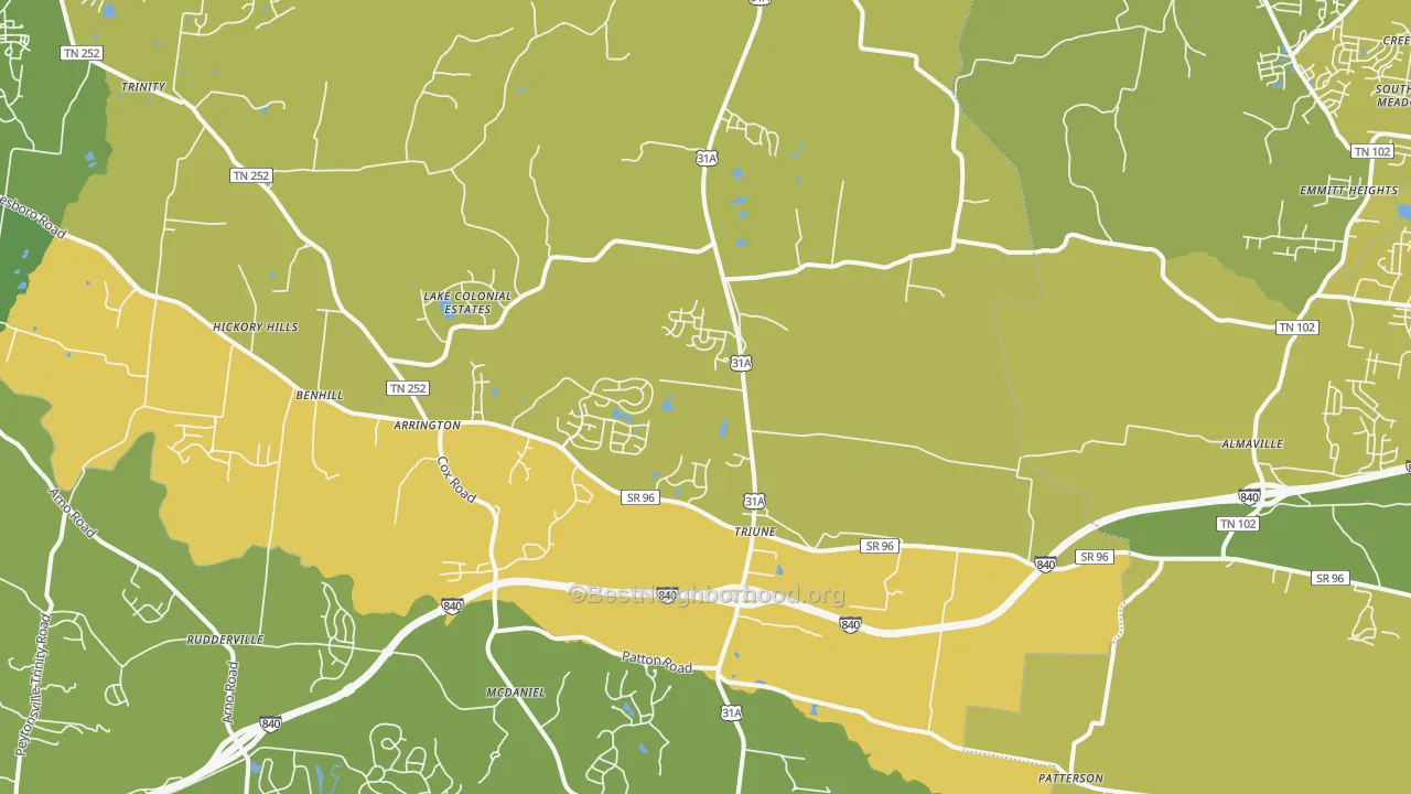 Map of the best neighborhoods in the 37014 area, with better matches in green and worse matches in red