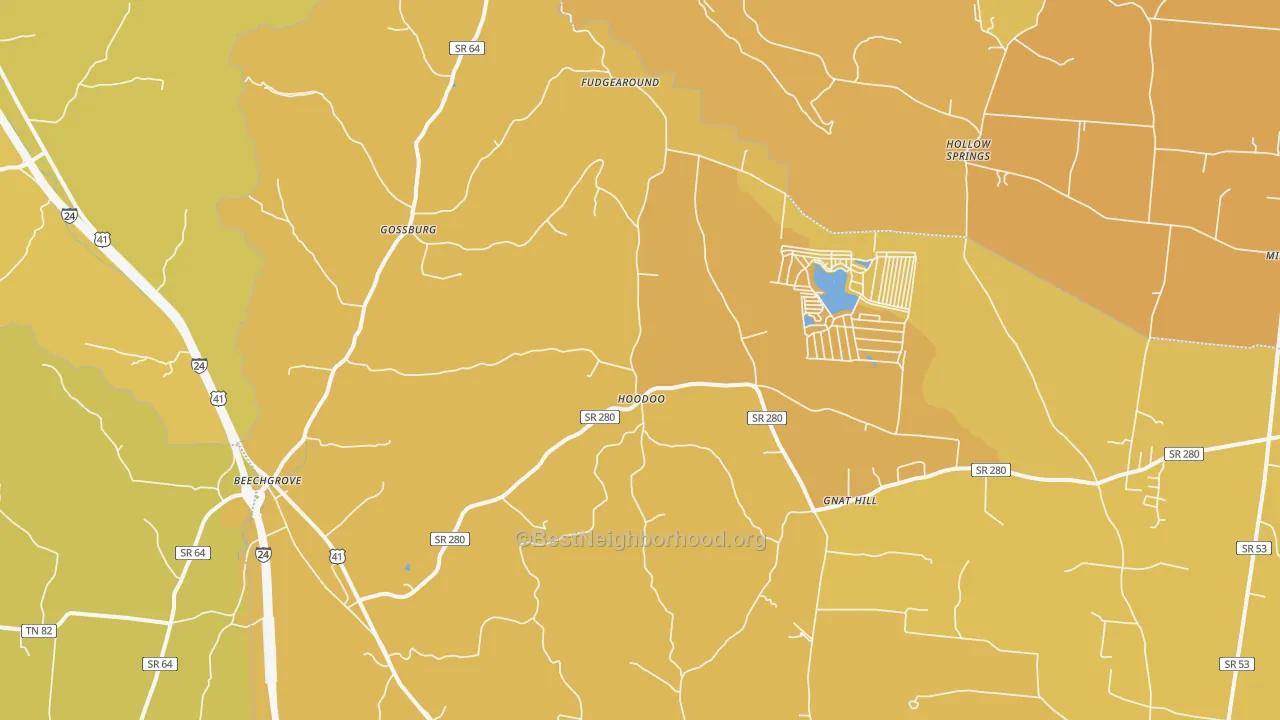 Map of the best neighborhoods in the 37018 area, with better matches in green and worse matches in red