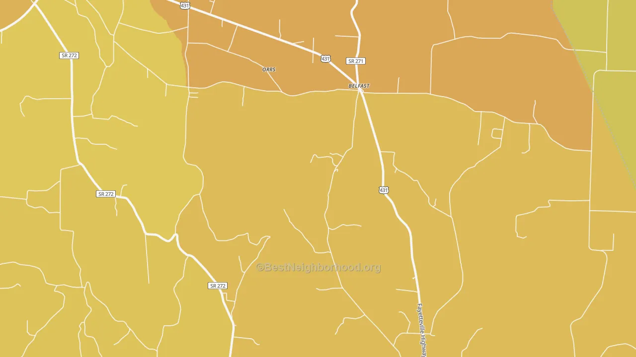 Map of the best neighborhoods in the 37019 area, with better matches in green and worse matches in red