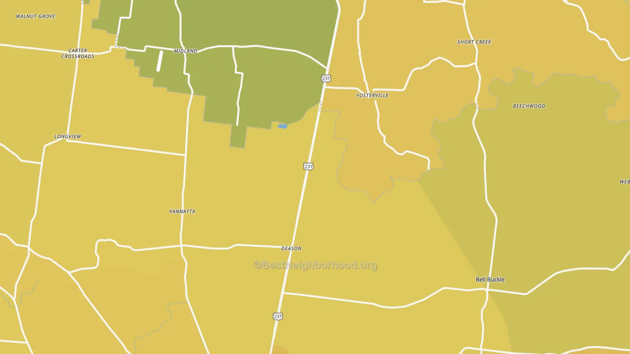 Map of the best neighborhoods in the 37020 area, with better matches in green and worse matches in red