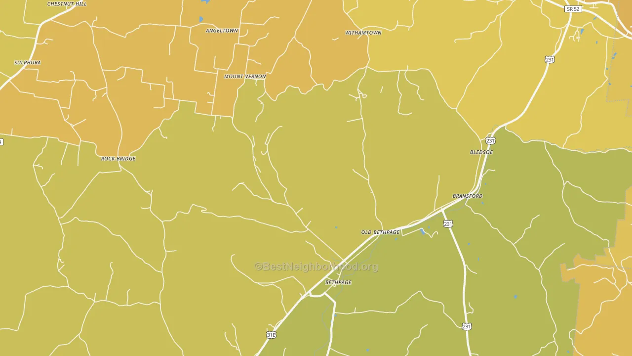Map of the best neighborhoods in the 37022 area, with better matches in green and worse matches in red