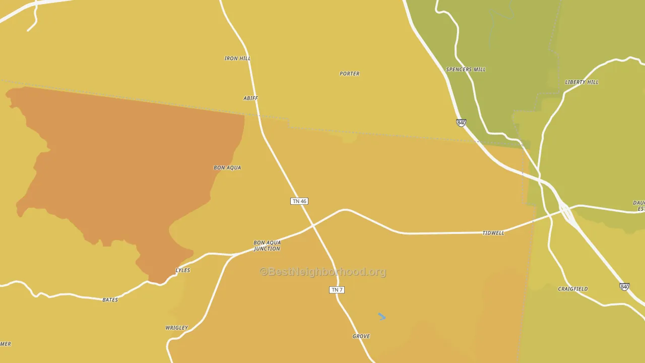 Map of the best neighborhoods in the 37025 area, with better matches in green and worse matches in red