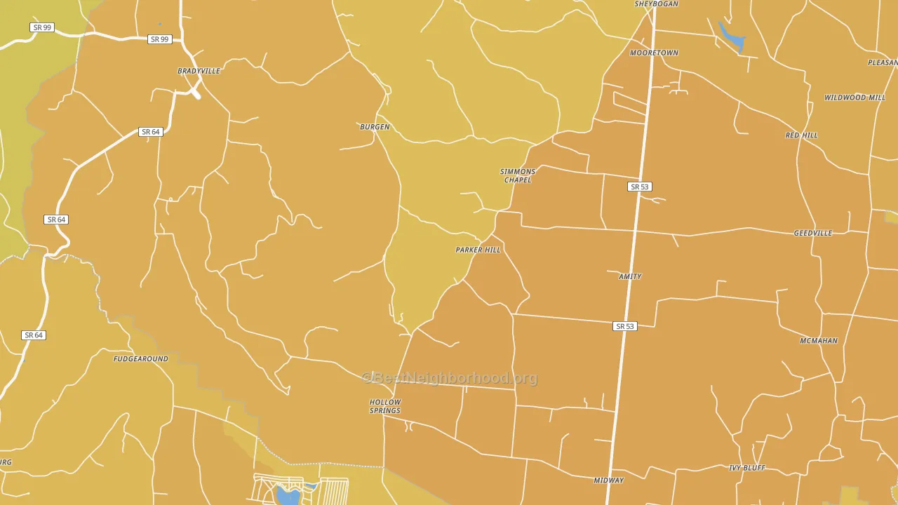Map of the best neighborhoods in the 37026 area, with better matches in green and worse matches in red