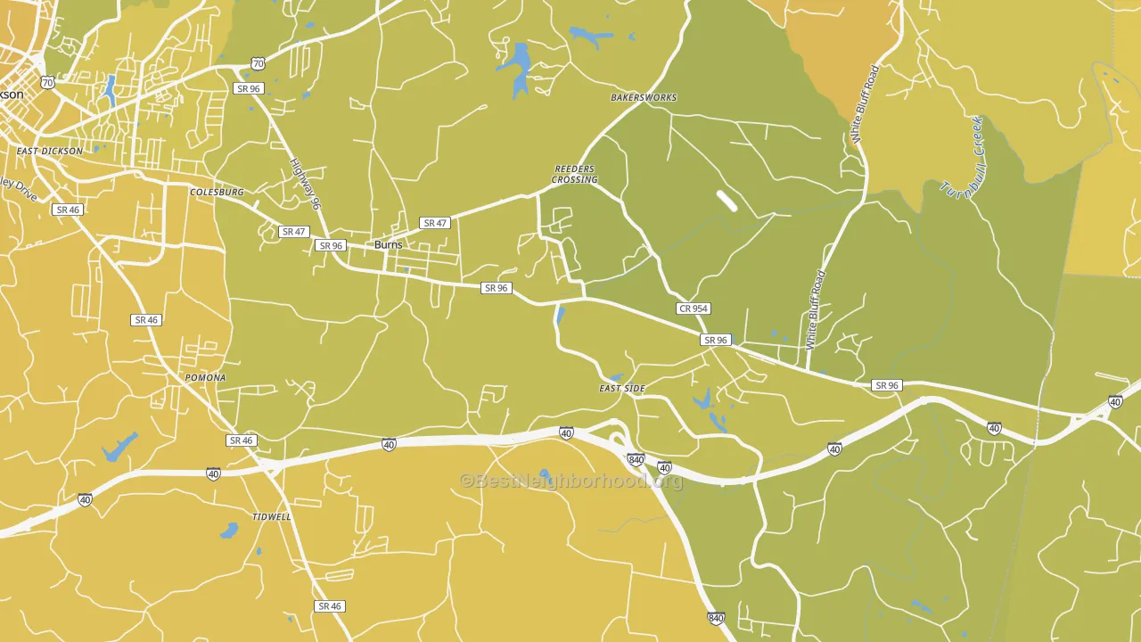 Map of the best neighborhoods in the 37029 area, with better matches in green and worse matches in red