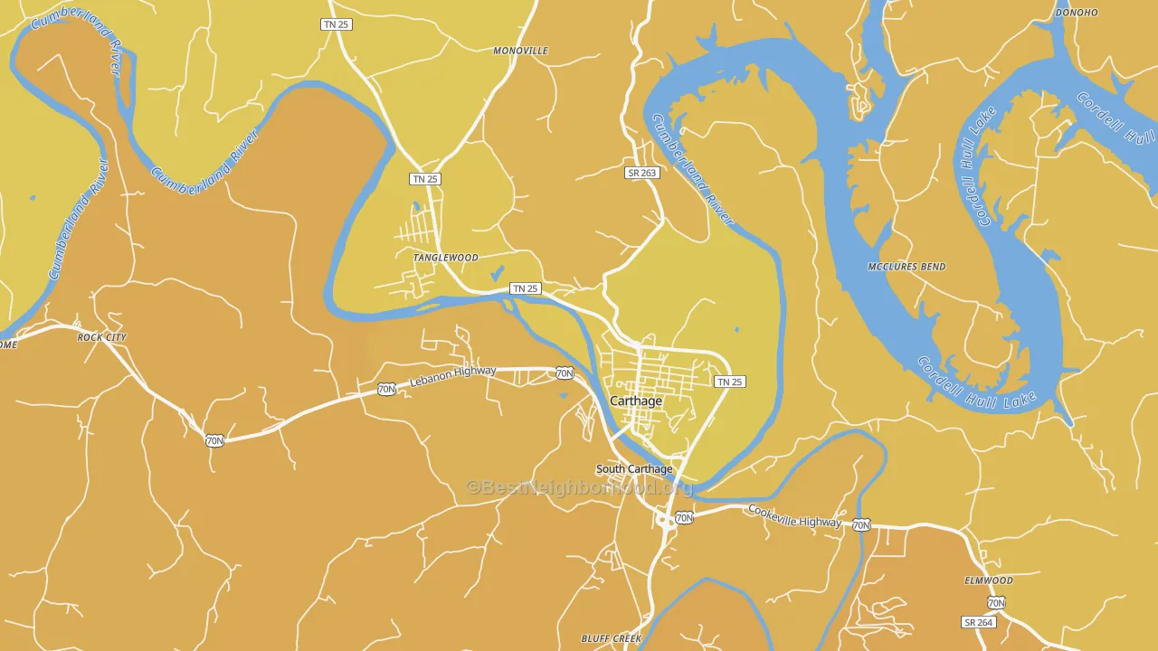 Map of the best neighborhoods in the 37030 area, with better matches in green and worse matches in red