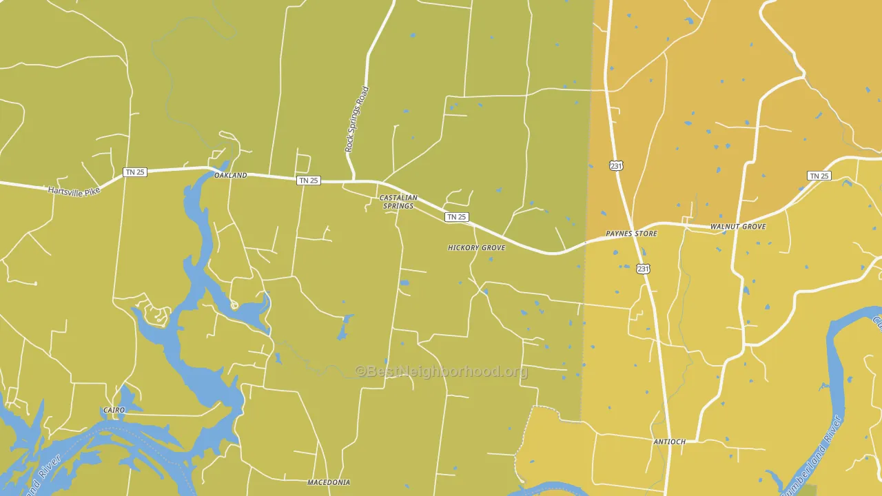 Map of the best neighborhoods in the 37031 area, with better matches in green and worse matches in red