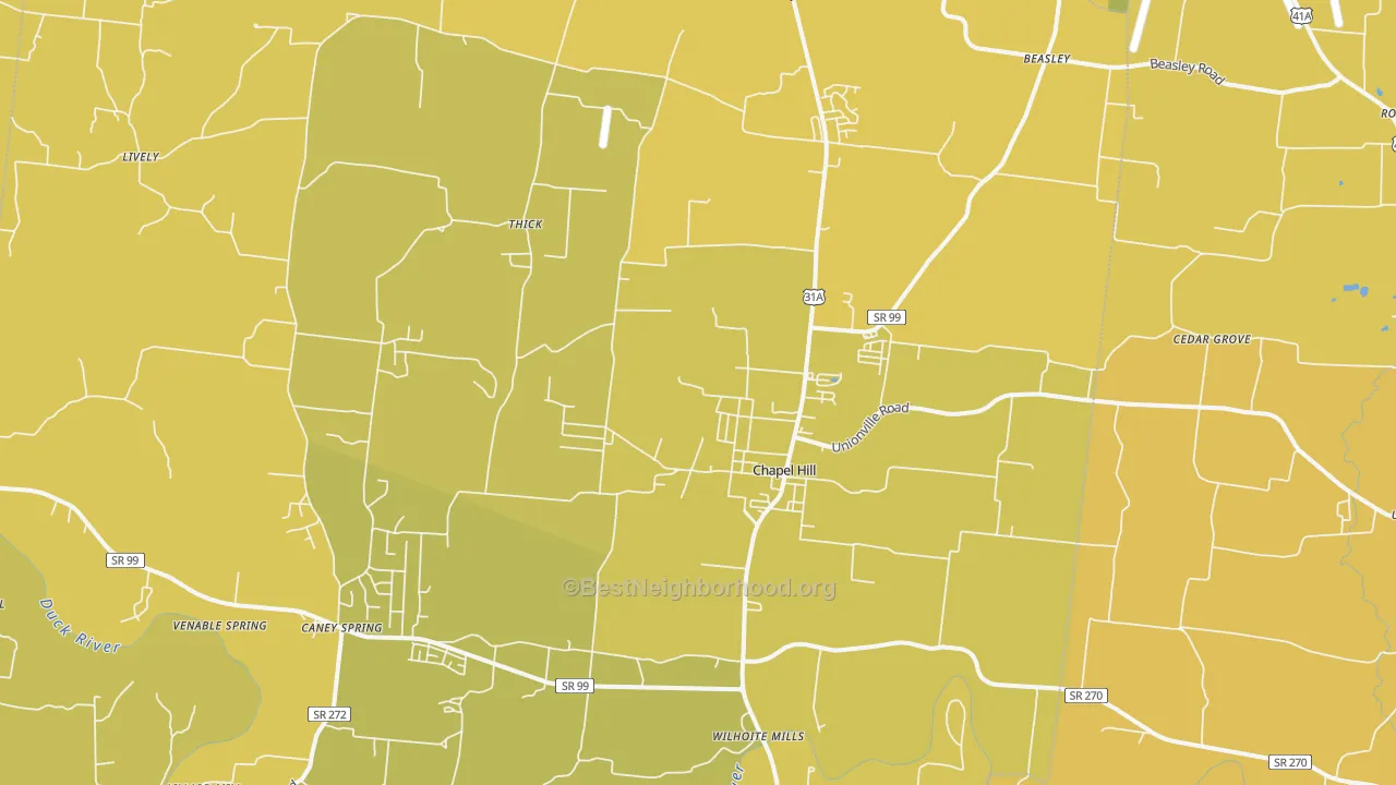 Map of the best neighborhoods in the 37034 area, with better matches in green and worse matches in red