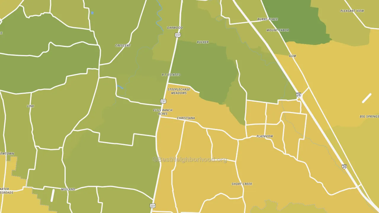 Map of the best neighborhoods in the 37037 area, with better matches in green and worse matches in red