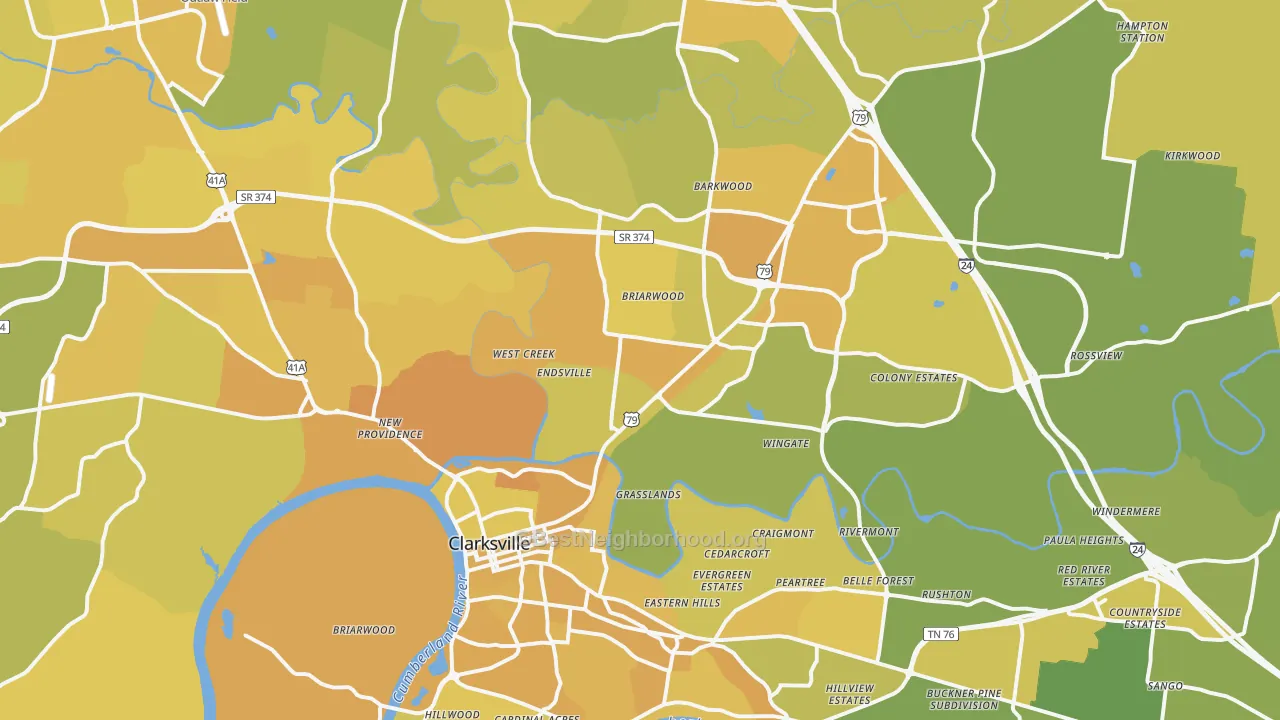 Map of the best neighborhoods in the 37040 area, with better matches in green and worse matches in red