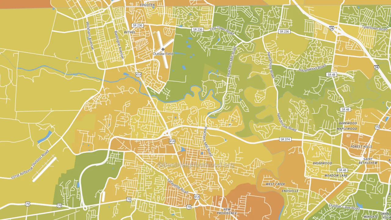 Map of the best neighborhoods in the 37042 area, with better matches in green and worse matches in red