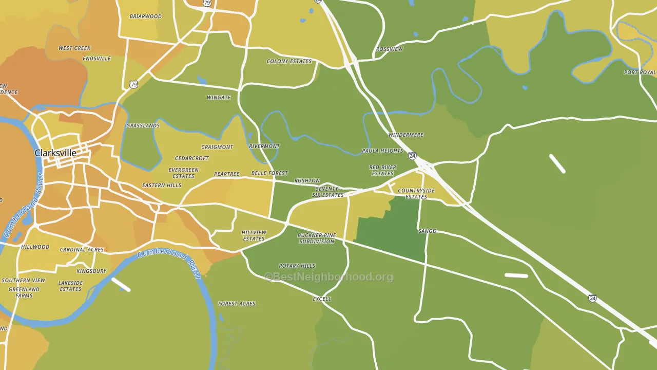 Map of the best neighborhoods in the 37043 area, with better matches in green and worse matches in red