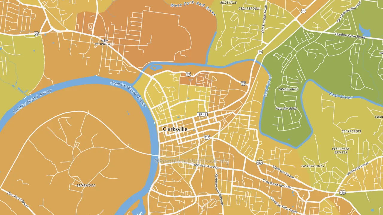 Map of the best neighborhoods in the 37044 area, with better matches in green and worse matches in red