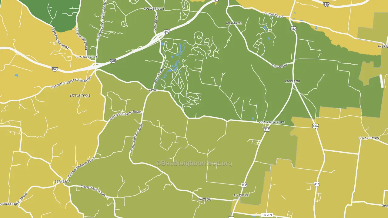 Map of the best neighborhoods in the 37046 area, with better matches in green and worse matches in red