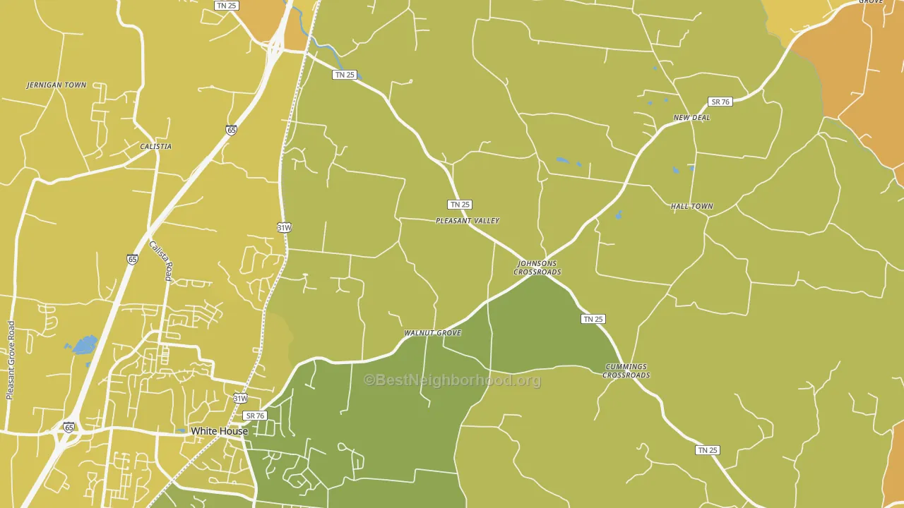 Map of the best neighborhoods in the 37048 area, with better matches in green and worse matches in red
