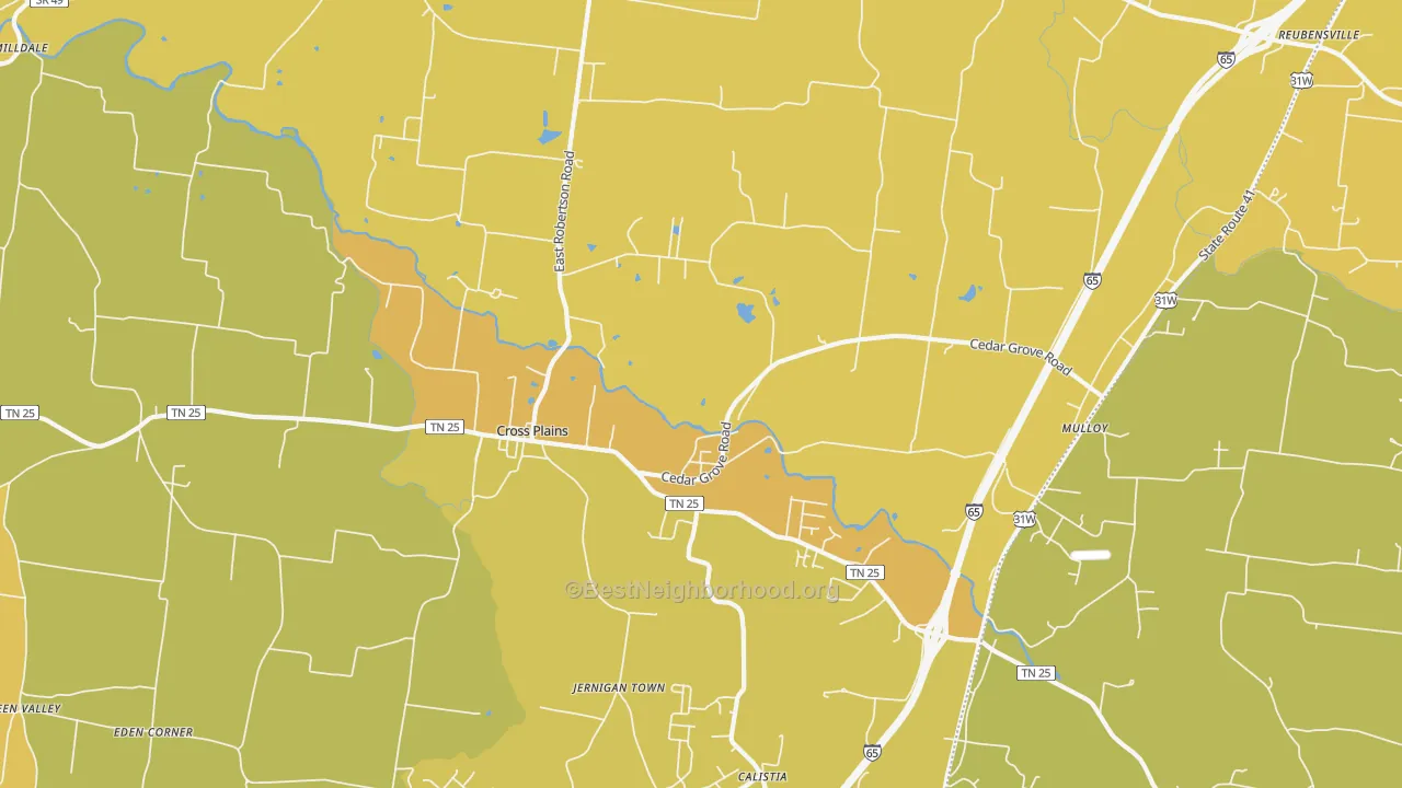 Map of the best neighborhoods in the 37049 area, with better matches in green and worse matches in red