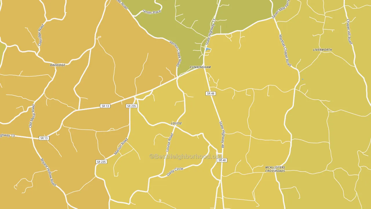 Map of the best neighborhoods in the 37052 area, with better matches in green and worse matches in red