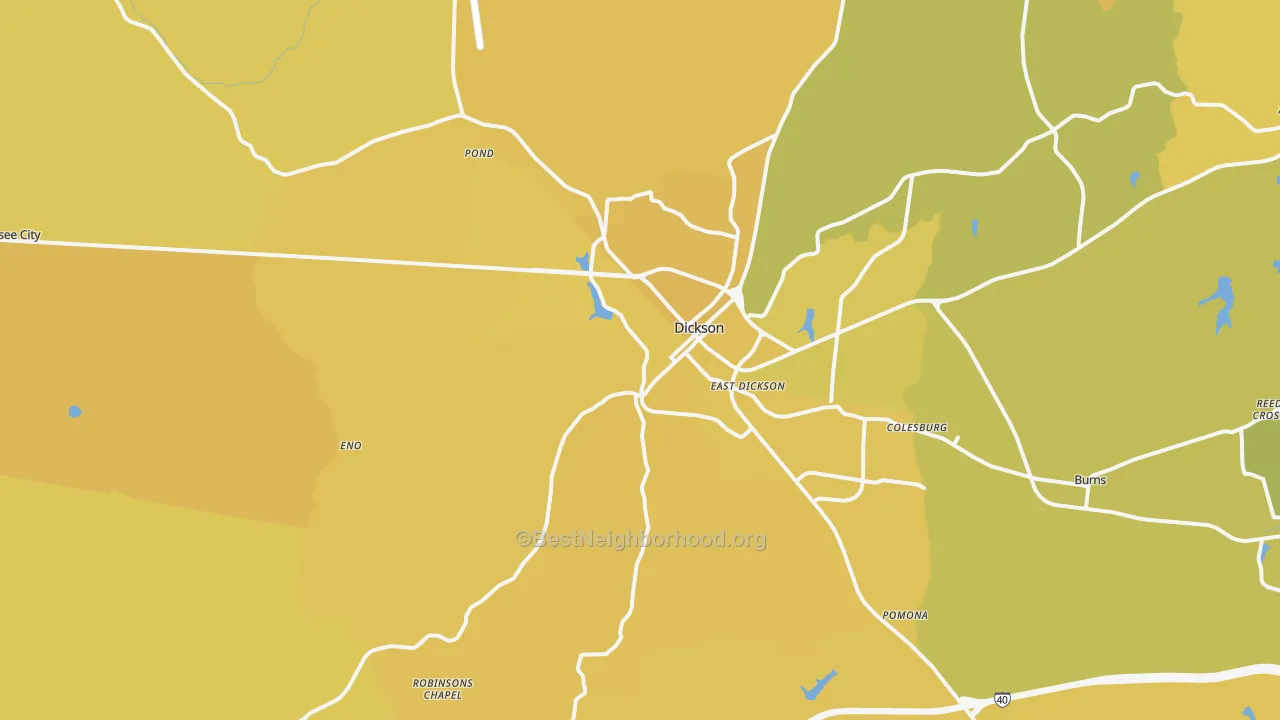 Map of the best neighborhoods in the 37055 area, with better matches in green and worse matches in red