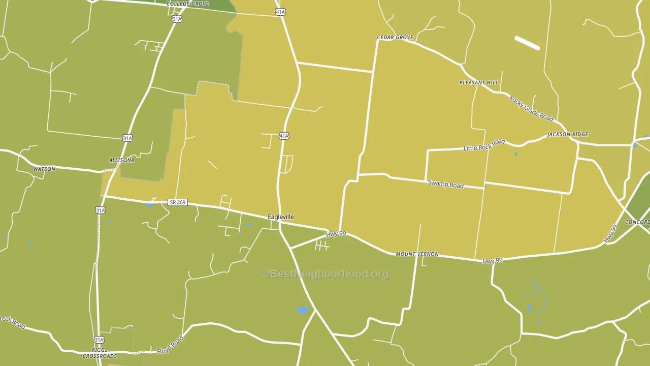 Map of the best neighborhoods in the 37060 area, with better matches in green and worse matches in red