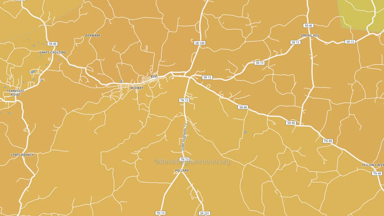 Map of the best neighborhoods in the 37061 area, with better matches in green and worse matches in red