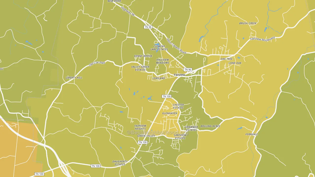 Map of the best neighborhoods in the 37062 area, with better matches in green and worse matches in red