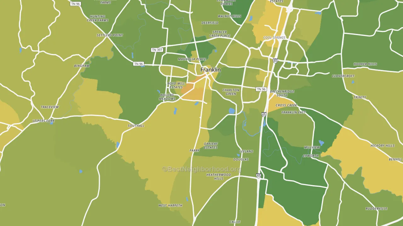 Map of the best neighborhoods in the 37064 area, with better matches in green and worse matches in red