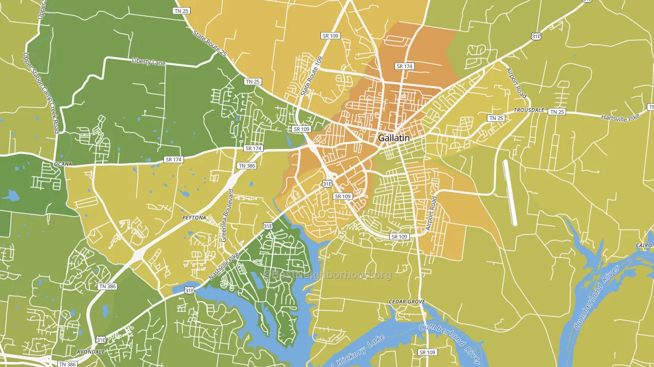 Map of the best neighborhoods in the 37066 area, with better matches in green and worse matches in red