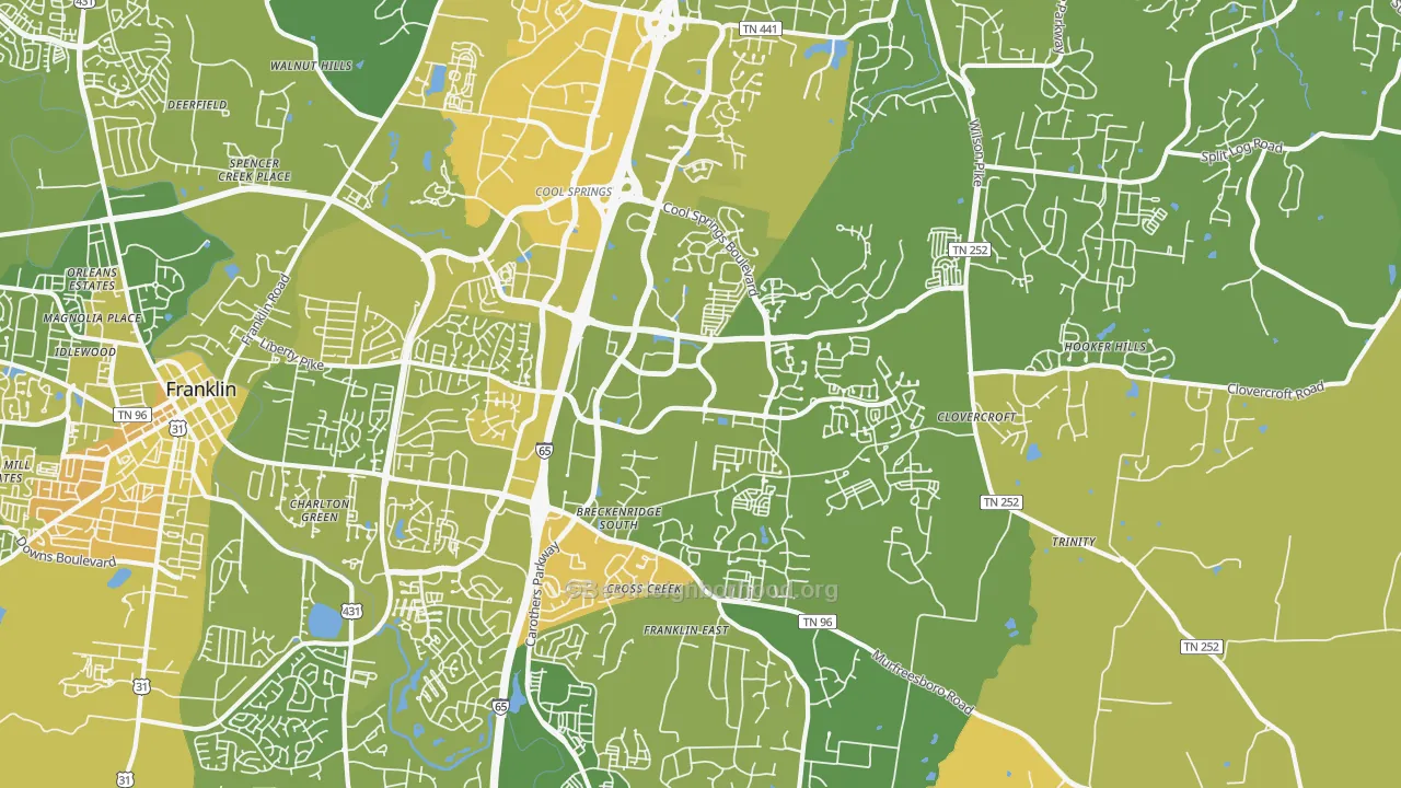 Map of the best neighborhoods in the 37067 area, with better matches in green and worse matches in red