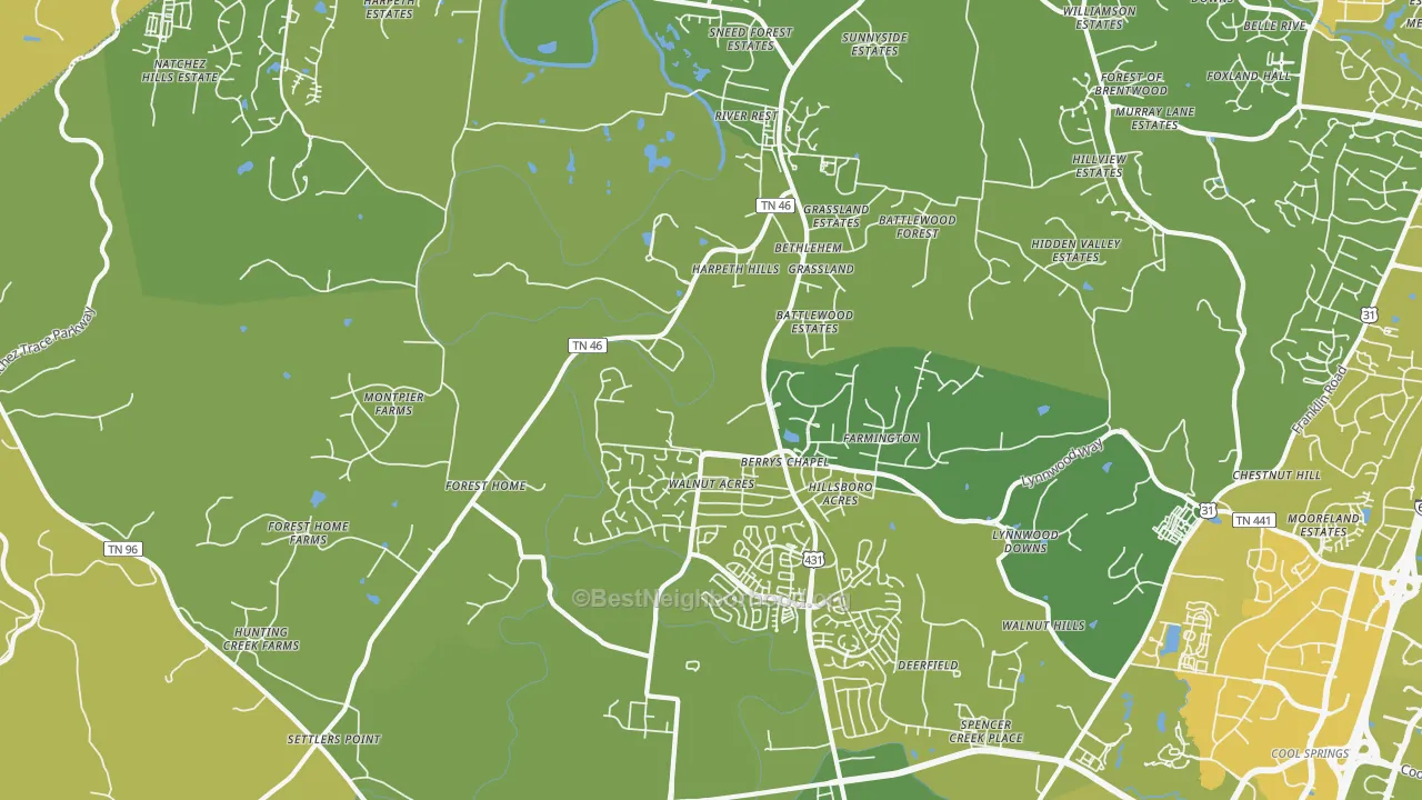 Map of the best neighborhoods in the 37069 area, with better matches in green and worse matches in red