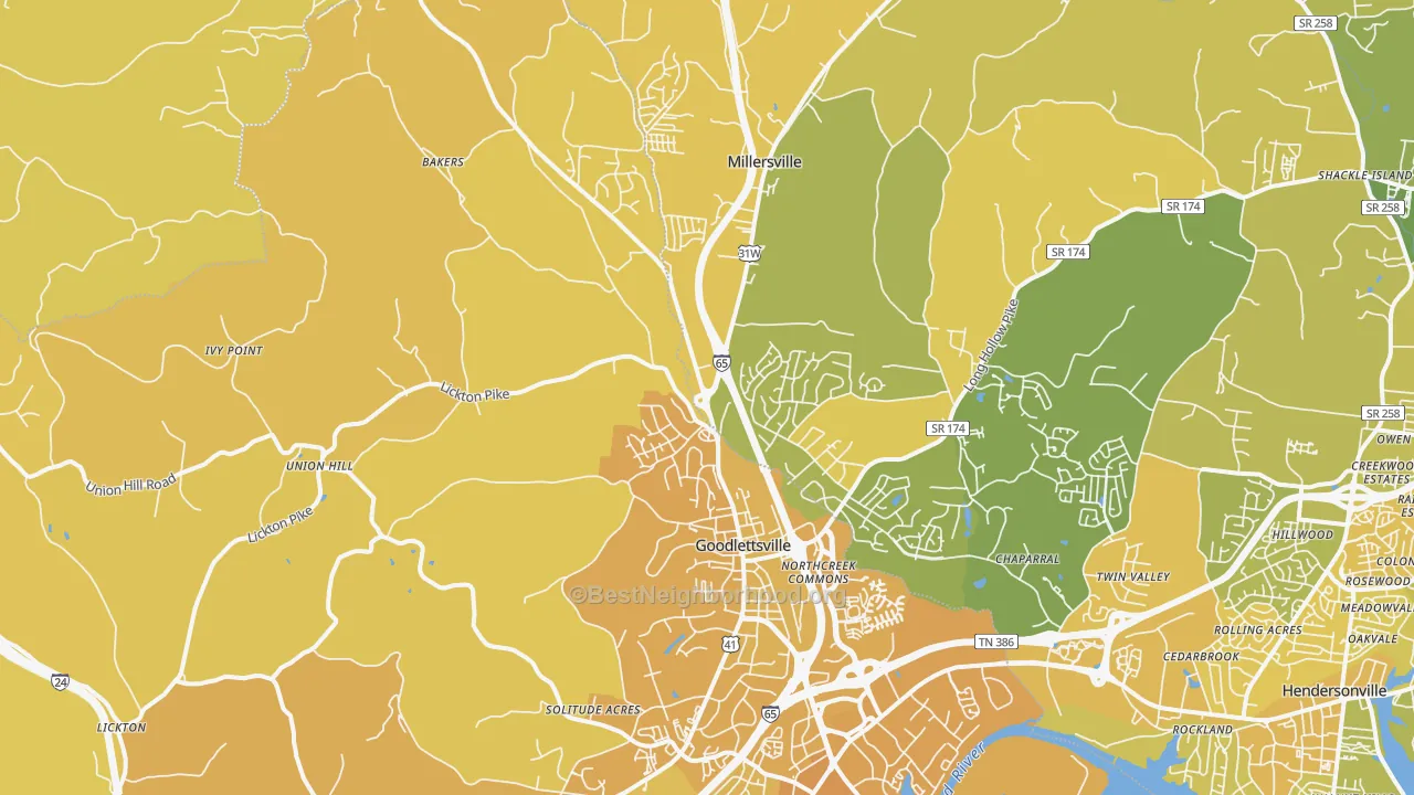 Map of the best neighborhoods in the 37072 area, with better matches in green and worse matches in red